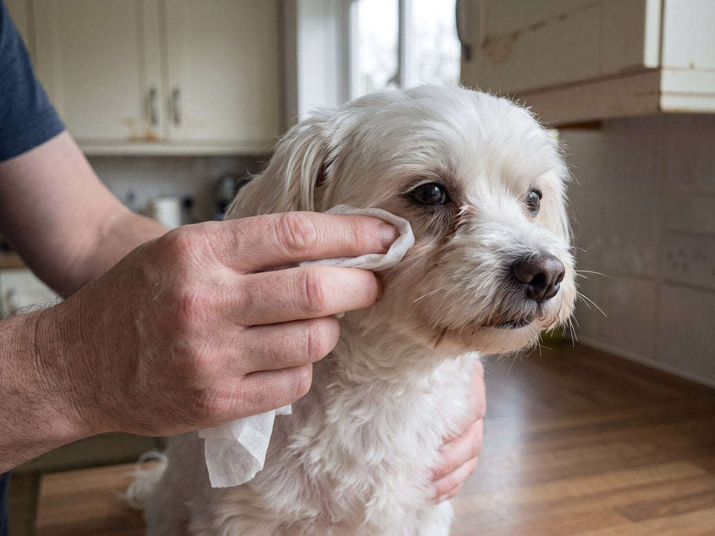 A hand wiping the fur beneath a small white dog’s eye with a soft wipe