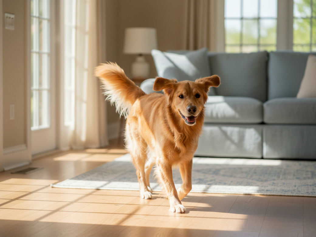 A dog trotting briskly across a sunlit living room