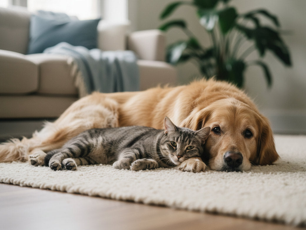 A cat and a dog resting together in soft window light