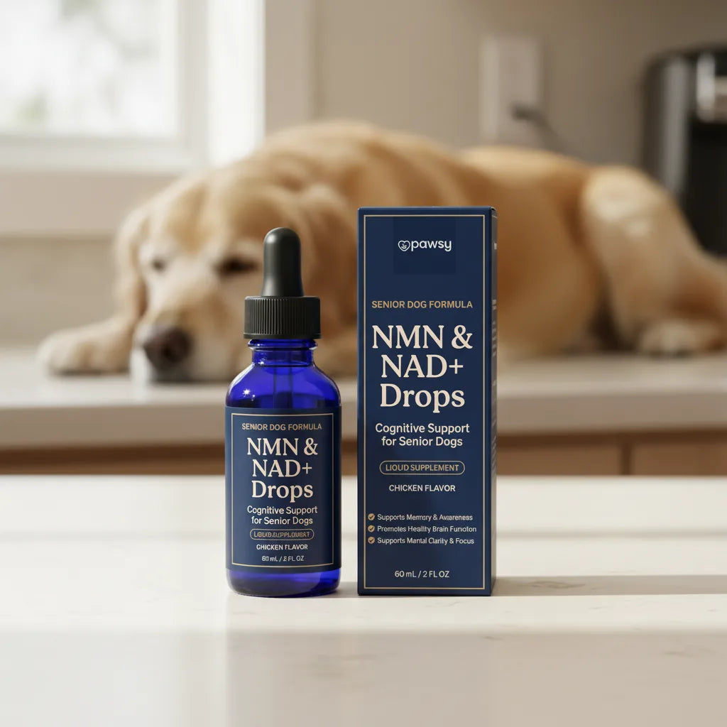 Pawsy Second Wind NMN and NAD+ Drops with its carton