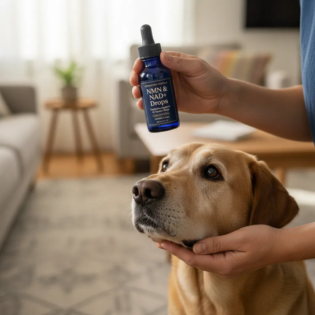 Owner holding Pawsy Second Wind beside an older dog