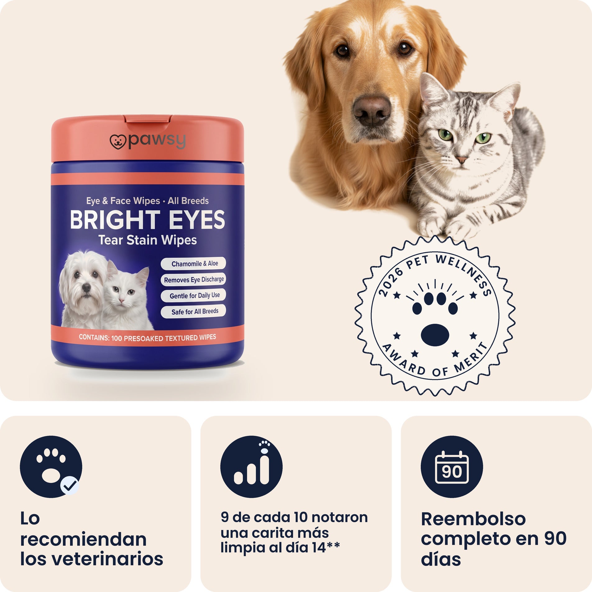 Toallitas Pawsy Bright Eyes para manchas de lágrimas con un perro y un gato, lo recomiendan los veterinarios, con reembolso completo en 90 días