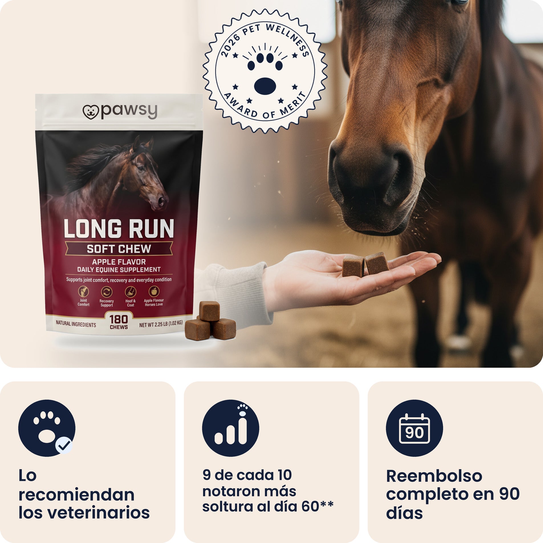 Masticables blandos de manzana Pawsy Long Run con un caballo, lo recomiendan los veterinarios, con reembolso completo en 90 días