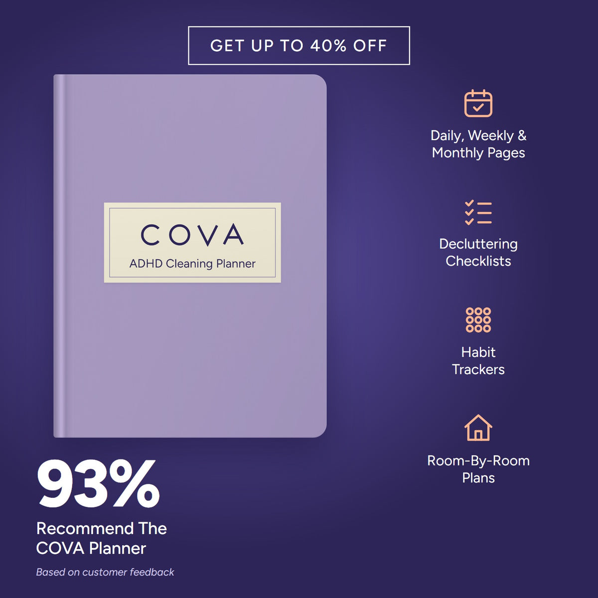 The COVA ADHD Cleaning Planner: daily, weekly and monthly pages, checklists, trackers and room plans