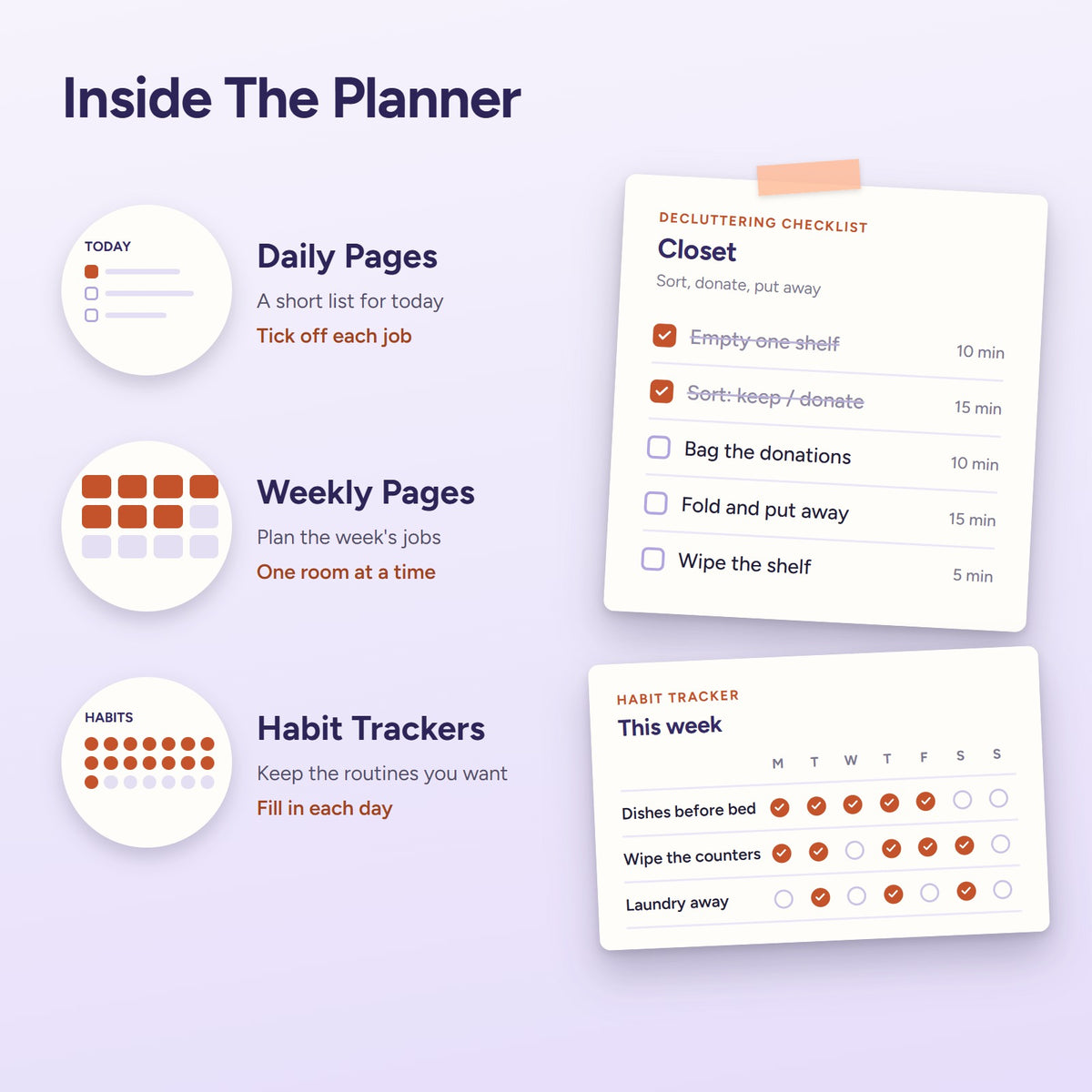 Inside the planner: a daily page, a decluttering checklist and a habit tracker