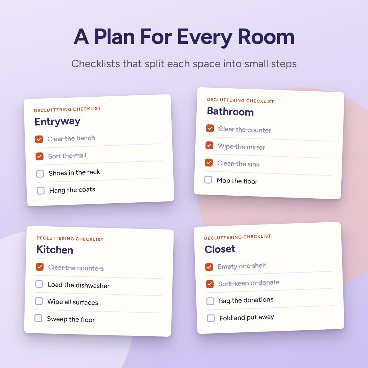 Decluttering checklists for the entryway, bathroom, kitchen and closet