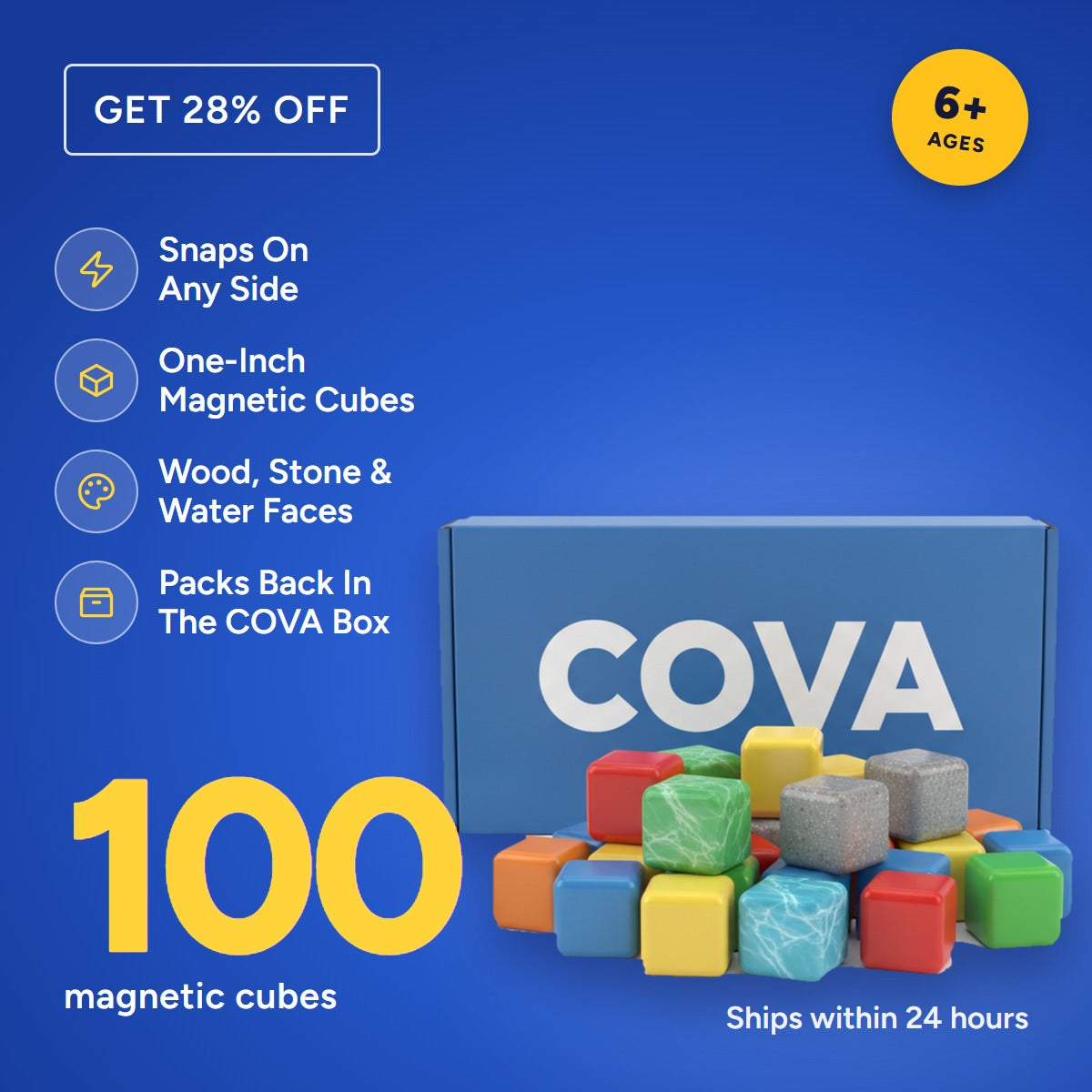 COVA Magnetic Building Blocks box with 100 colorful cubes