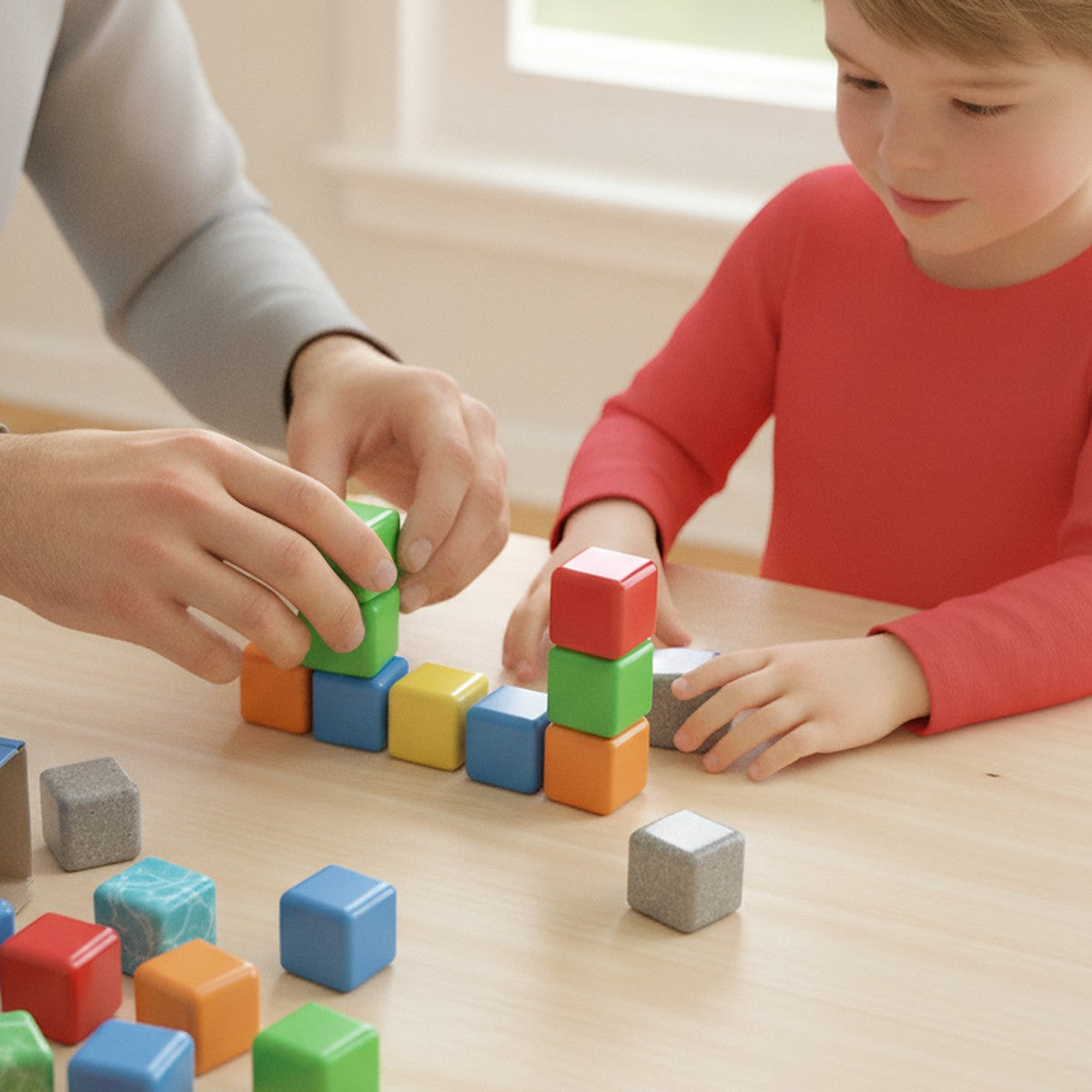 A parent and an eight-year-old building a wall and a tower from the cubes at a table