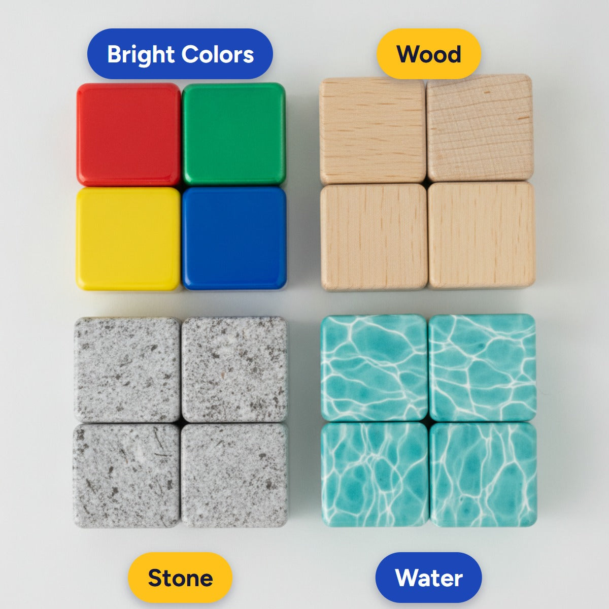 Four face designs: bright colors, wood, stone and water