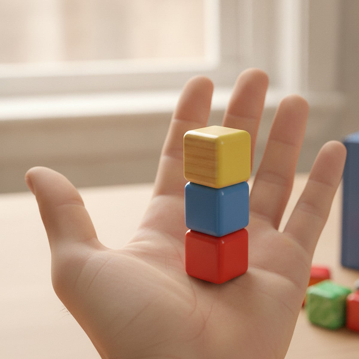 A hand holding a stack of three one-inch magnetic cubes