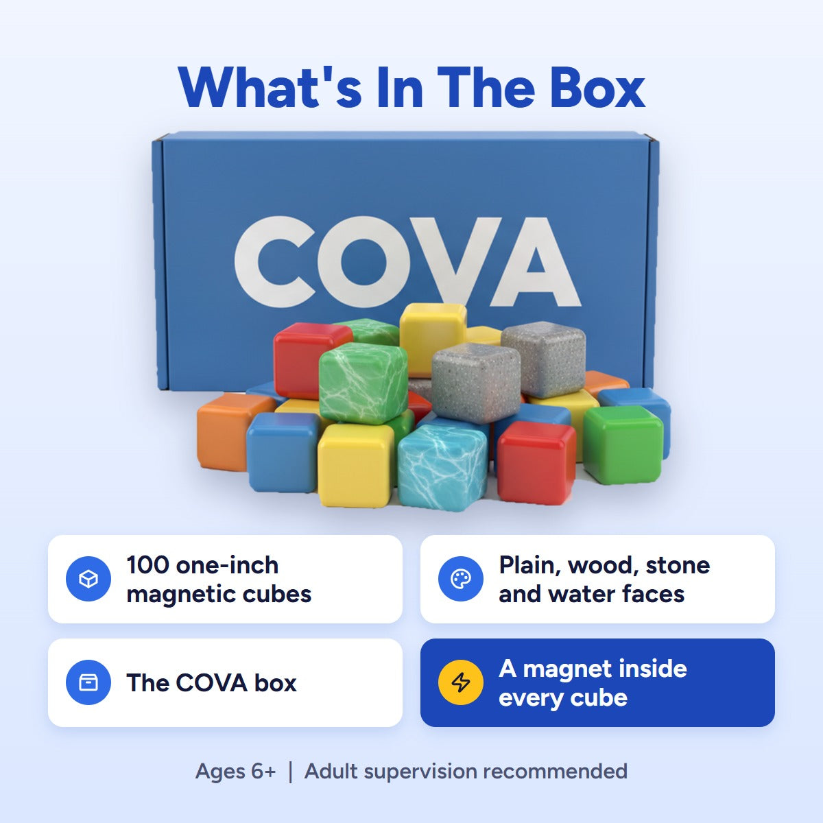 What is in the box: 100 one-inch magnetic cubes, plain and patterned faces, a COVA box and a magnet in every cube