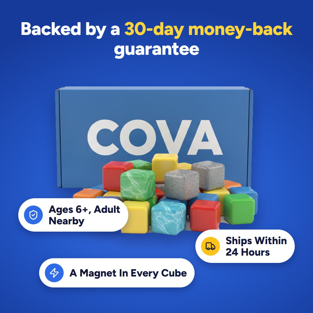 30-day money-back guarantee, ships within 24 hours and ages 6+, with the COVA box