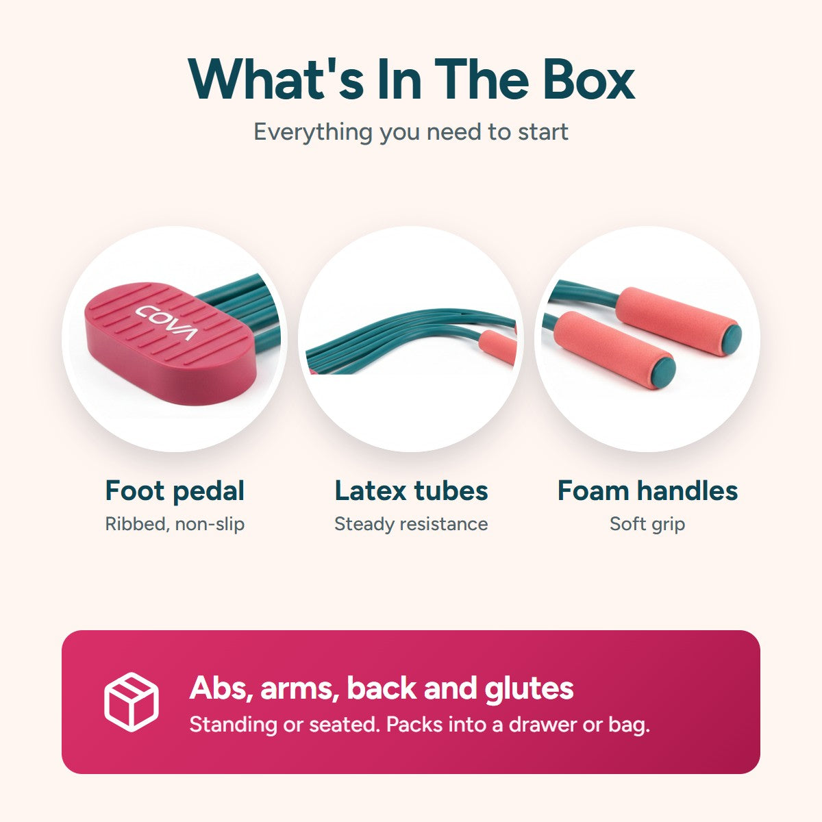 What is in the box: foot pedal, latex tubes and foam handles