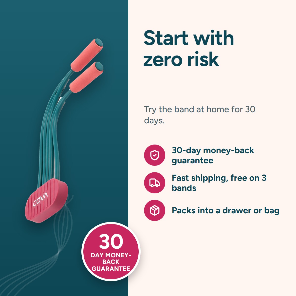 30-day money-back guarantee, fast shipping and a band that packs into a drawer or bag