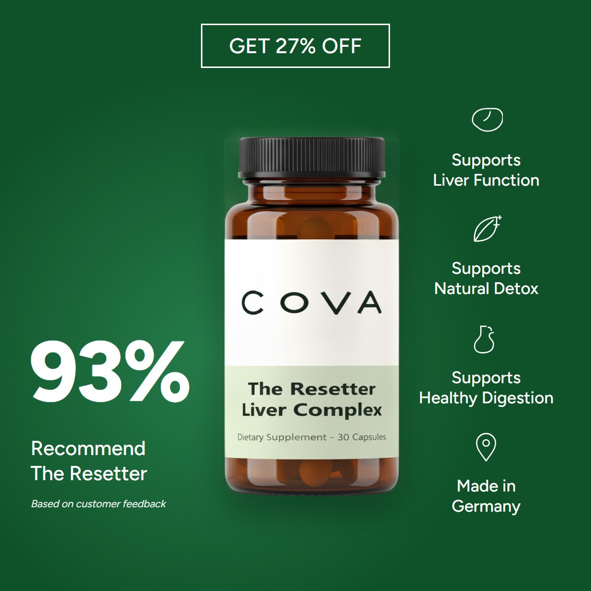 The Resetter Liver Complex with three plant extracts and benefit badges