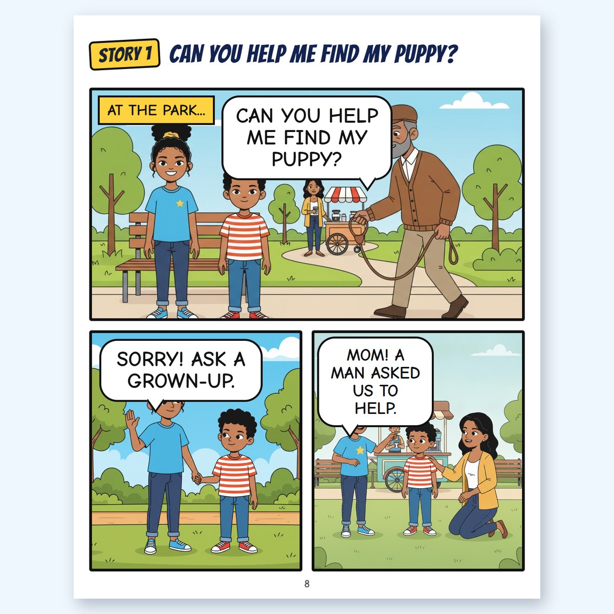 A sample comic page: "Can you help me find my puppy?"
