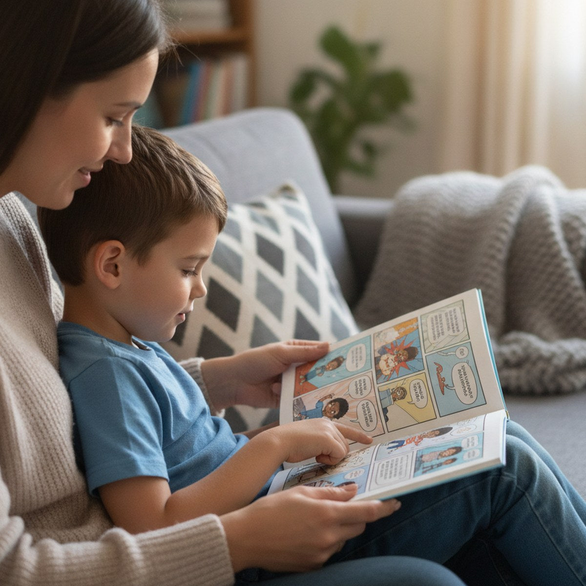 A parent and child reading Spot the Trick together on a couch