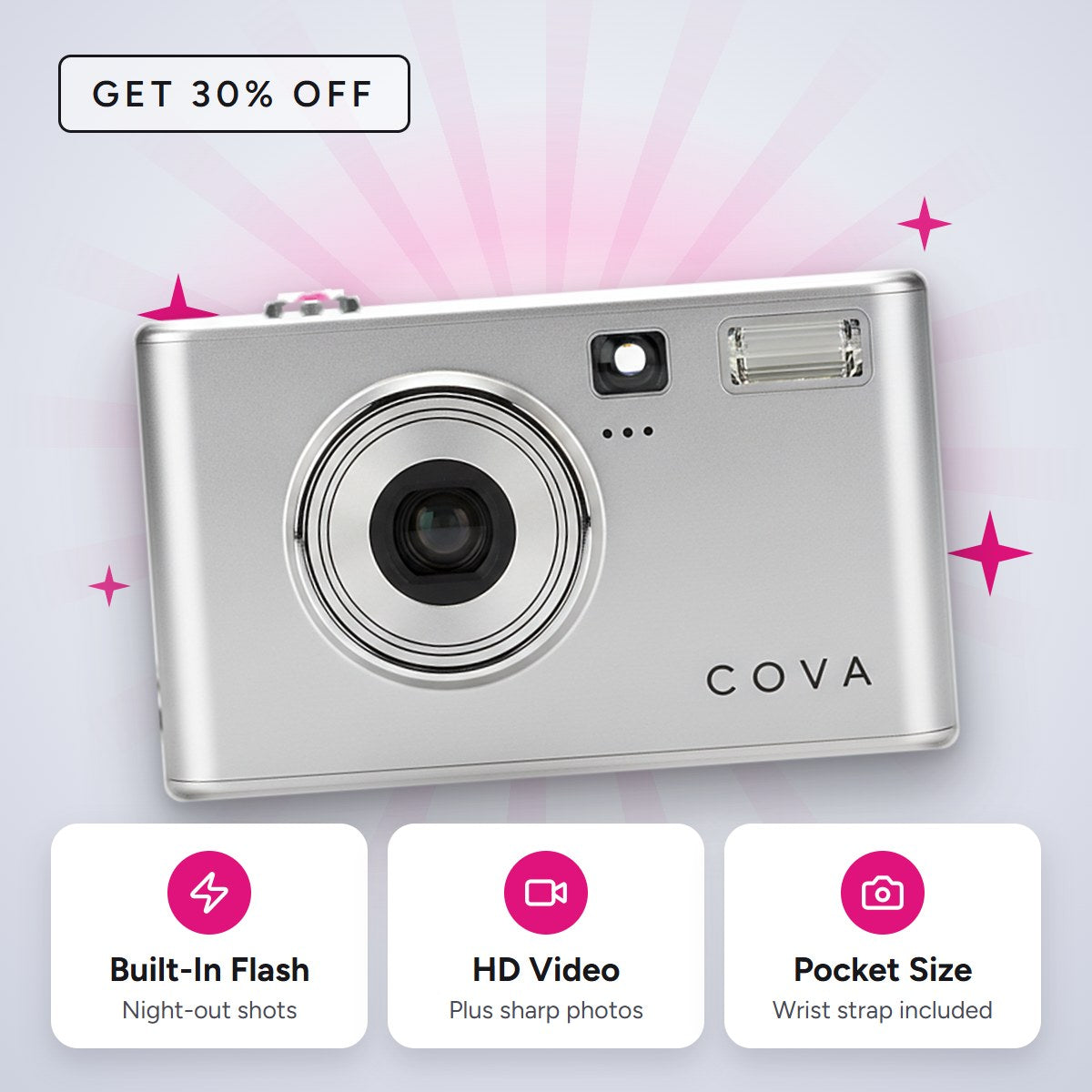 COVA Y2K Digital Camera in silver with flash, HD video and pocket-size callouts