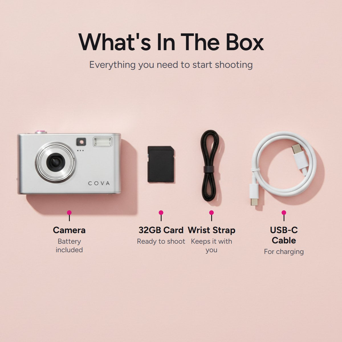 What is in the box: camera, memory card, wrist strap and USB-C cable