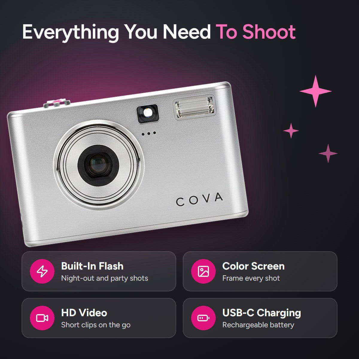 Camera features: built-in flash, color screen, HD video and USB-C charging