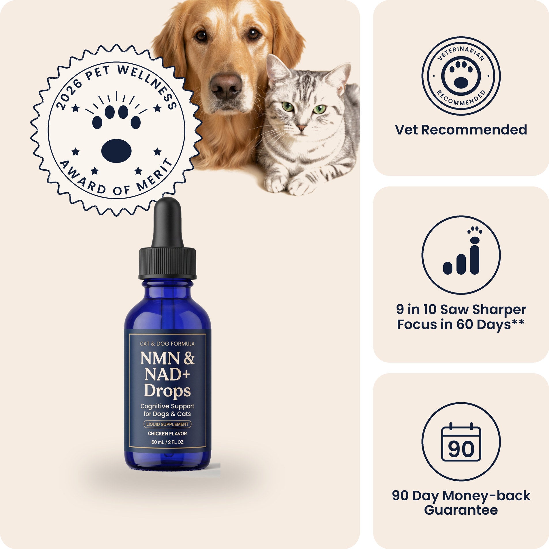 Pawsy NMN & NAD+ Drops bottle with a dog and a cat, vet recommended, with a 90-day money-back guarantee