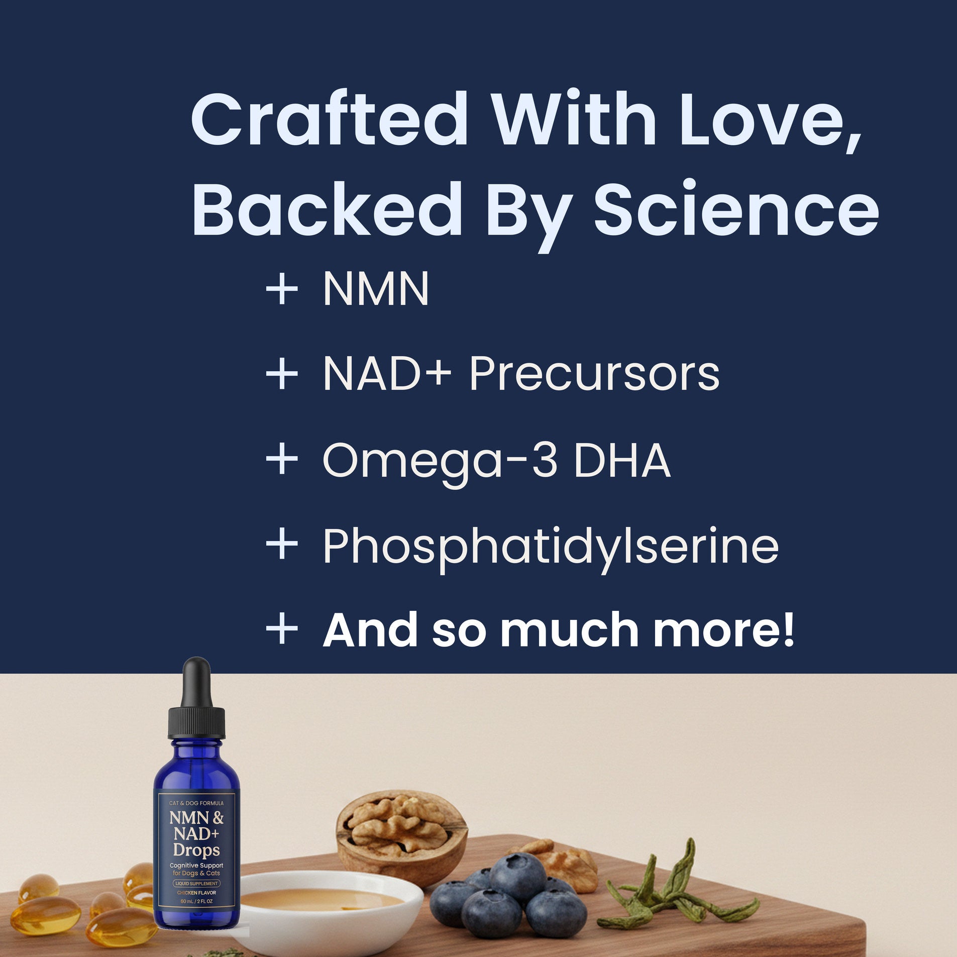 Key actives in Pawsy NMN & NAD+ Drops: NMN, NAD+ precursors, Omega-3 DHA and phosphatidylserine
