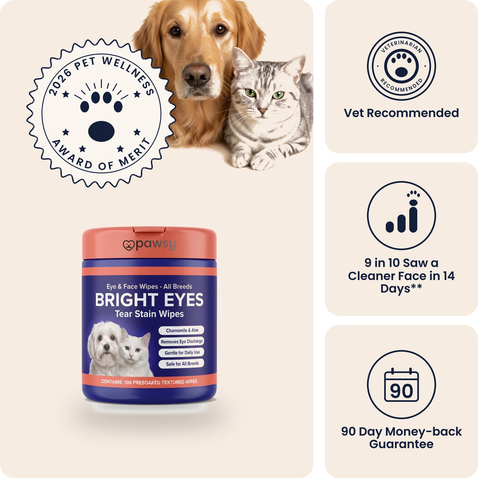 Pawsy Bright Eyes tear stain wipes with a dog and a cat, vet recommended, with a 90-day money-back guarantee