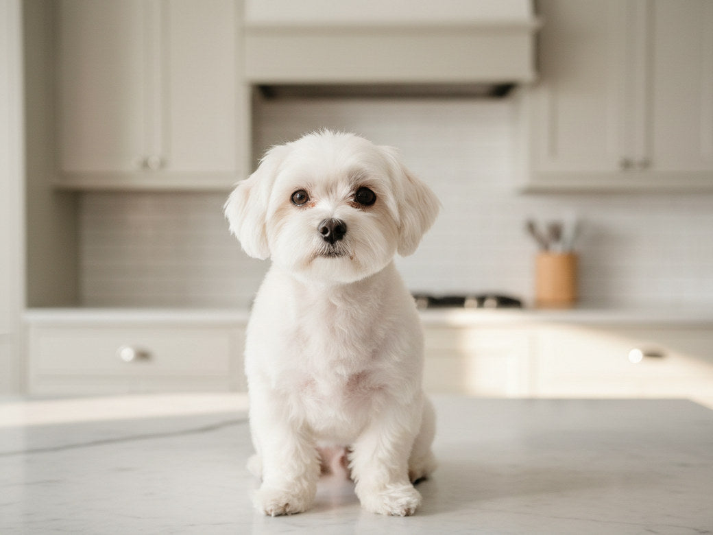 A small white dog with a clean bright face on a sunlit kitchen counter
