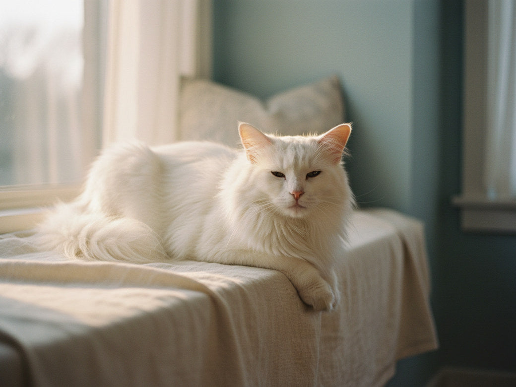 A white long-haired cat resting calmly in soft window light