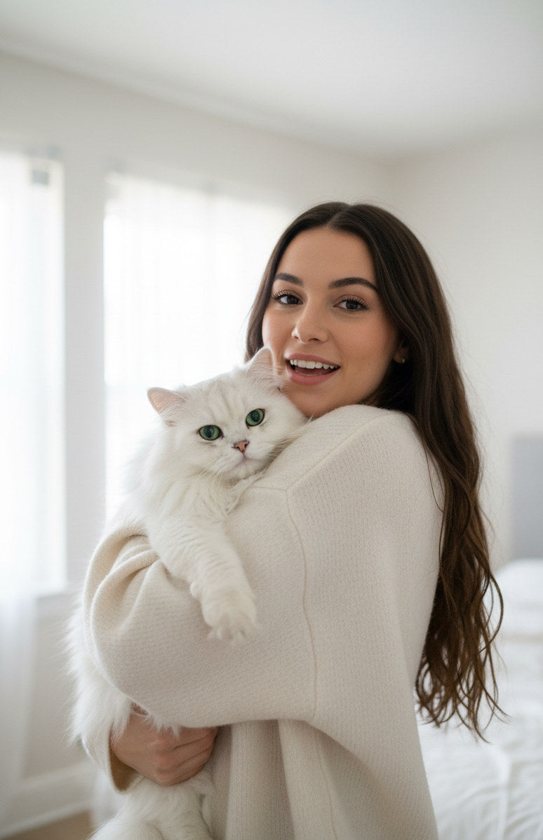 An owner holding her white persian cat