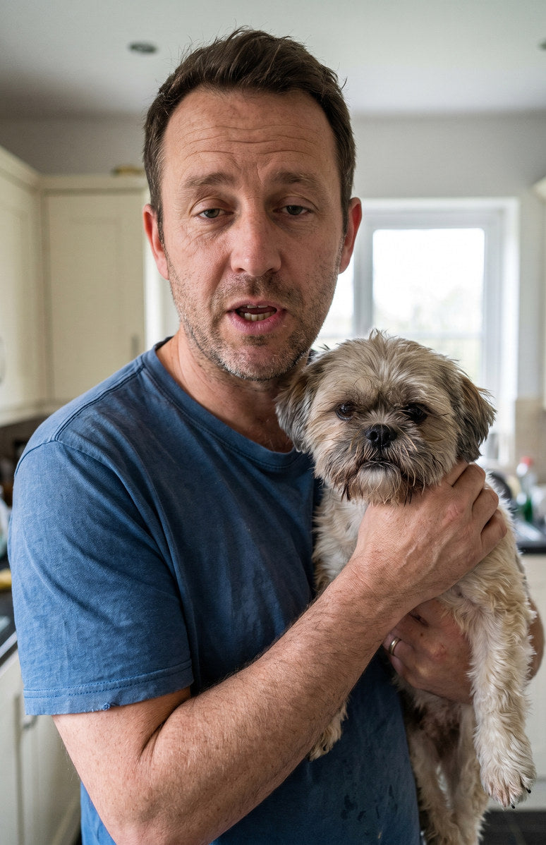 An owner in his kitchen holding his shih tzu