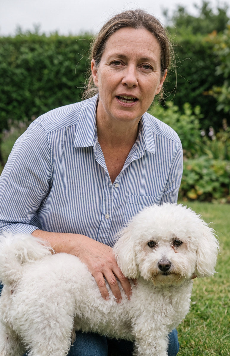 An owner kneeling on a garden lawn beside her white bichon frise