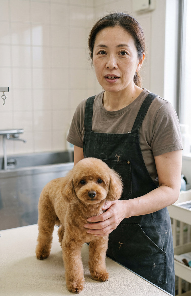 A groomer at her table with an apricot toy poodle