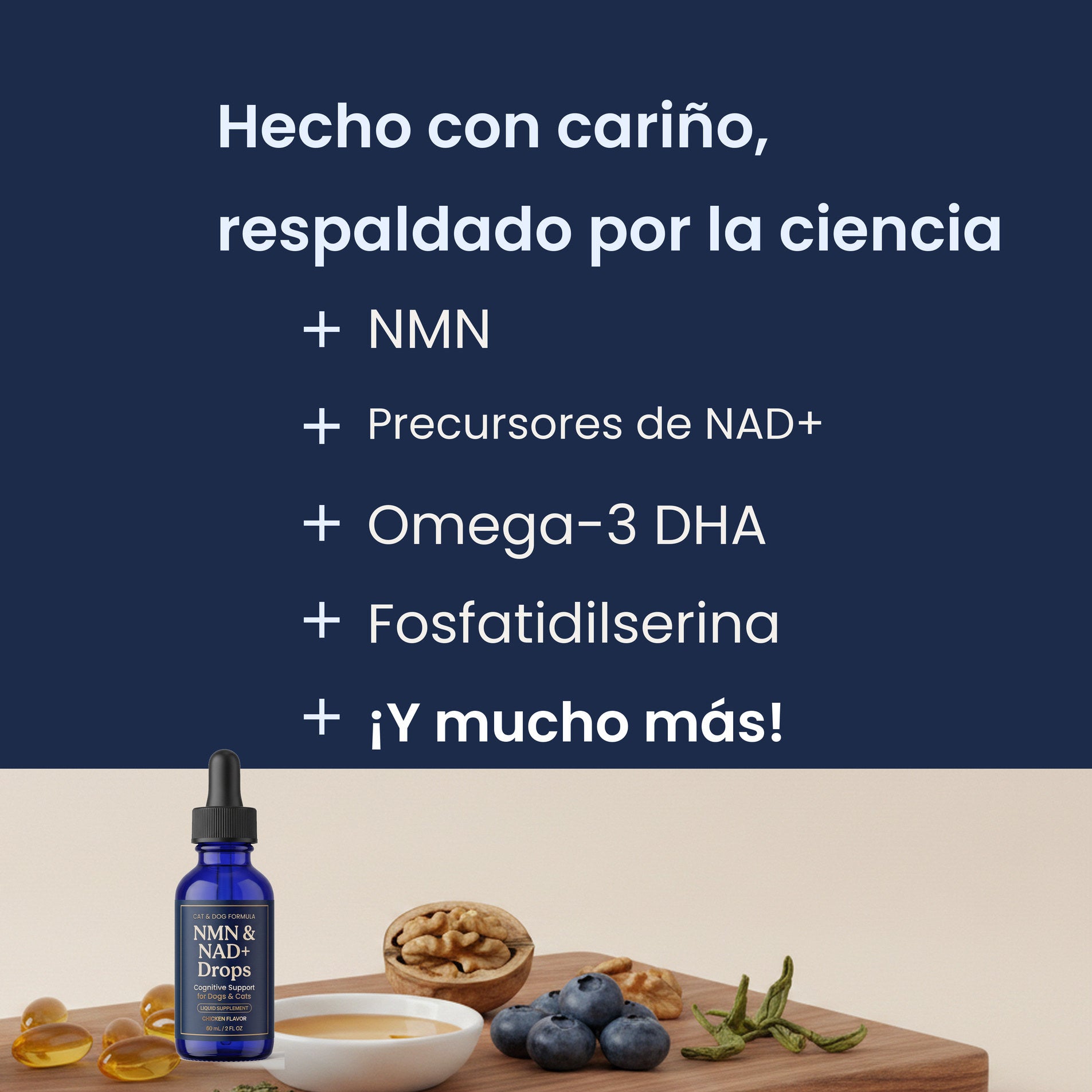 Activos principales de las gotas de NMN y NAD+ de Pawsy: NMN, precursores de NAD+, omega-3 DHA y fosfatidilserina