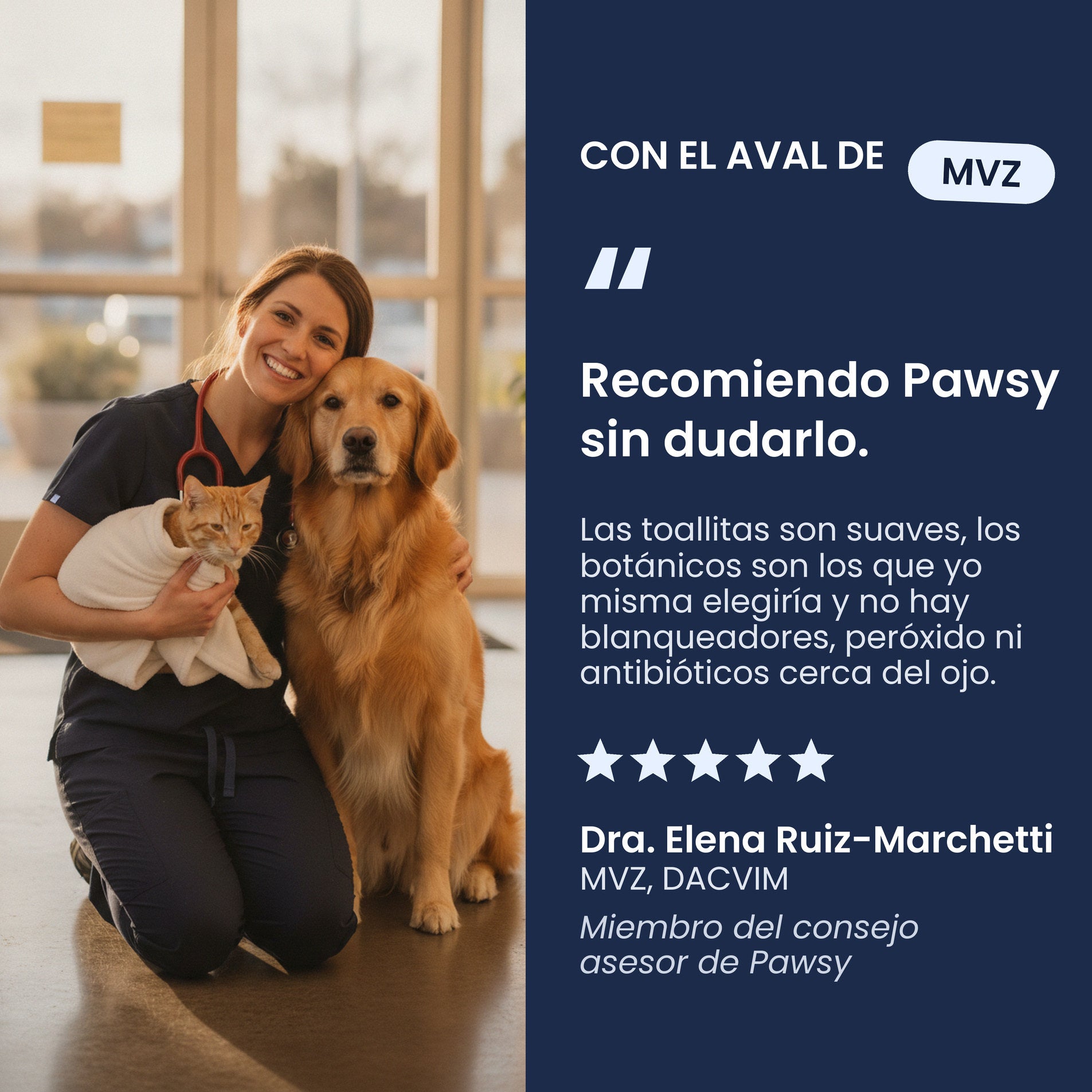 Recomendación veterinaria de las toallitas Pawsy Bright Eyes para manchas de lágrimas