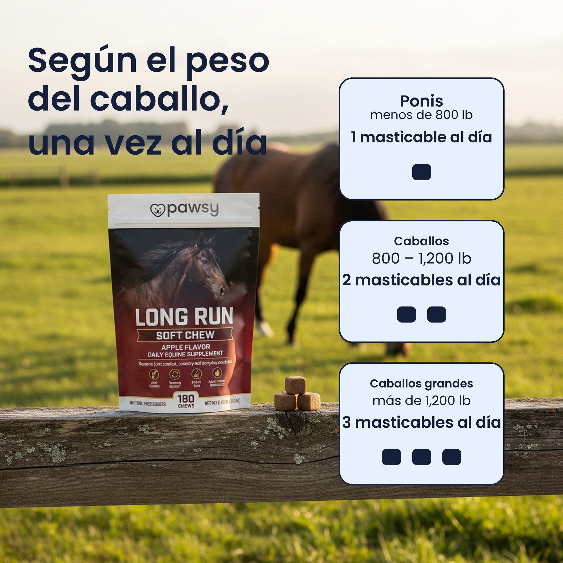 Ración diaria de los masticables blandos Pawsy Long Run según el peso del caballo