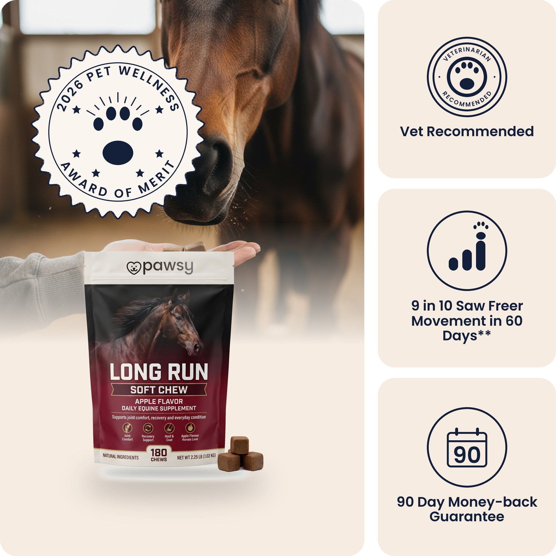 Pawsy Long Run apple soft chews with a horse, vet recommended, with a 90-day money-back guarantee