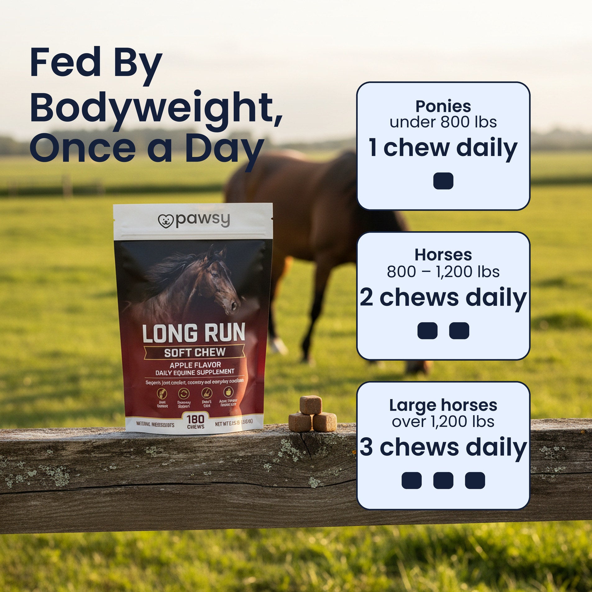 Daily feeding rate for Pawsy Long Run soft chews by horse bodyweight