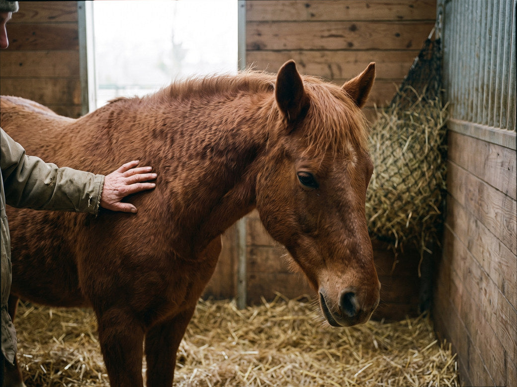 A chestnut horse standing relaxed in a straw-bedded stable