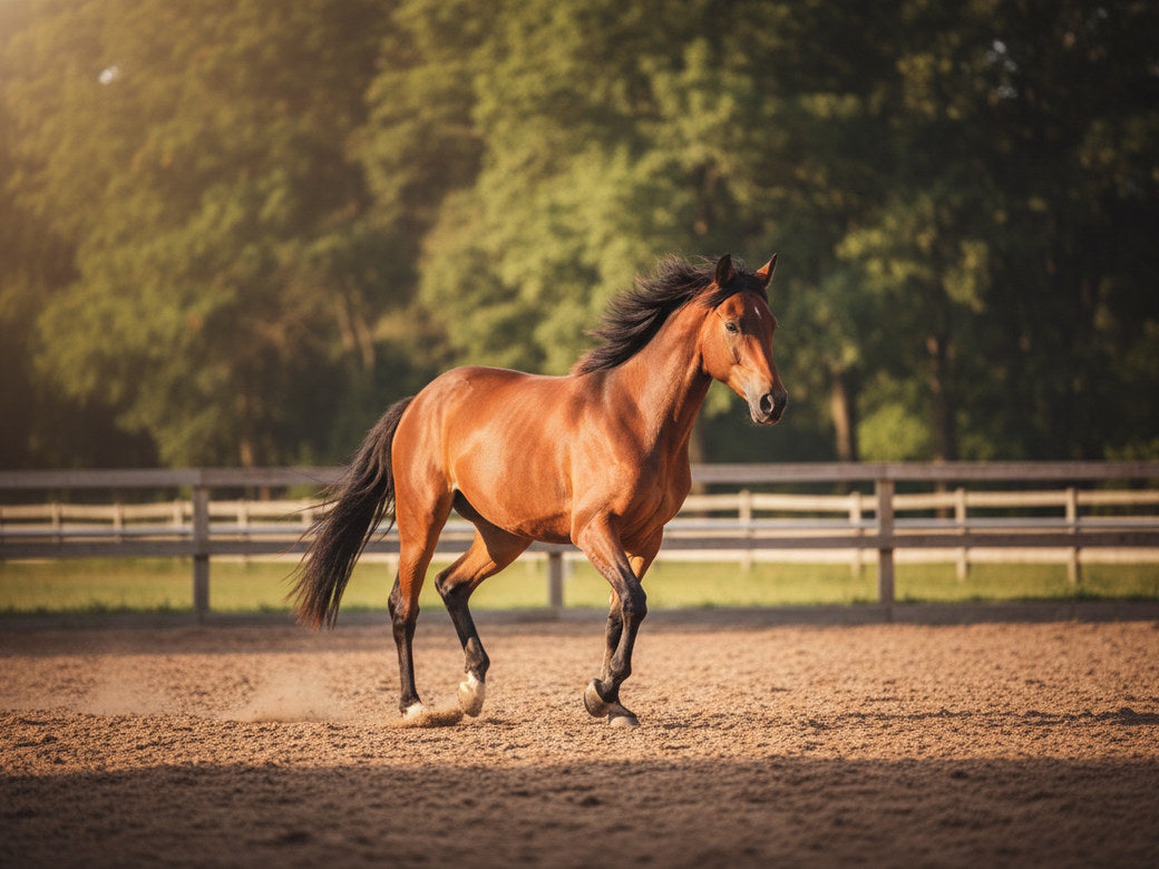 A bay horse trotting freely across a sand arena in morning light