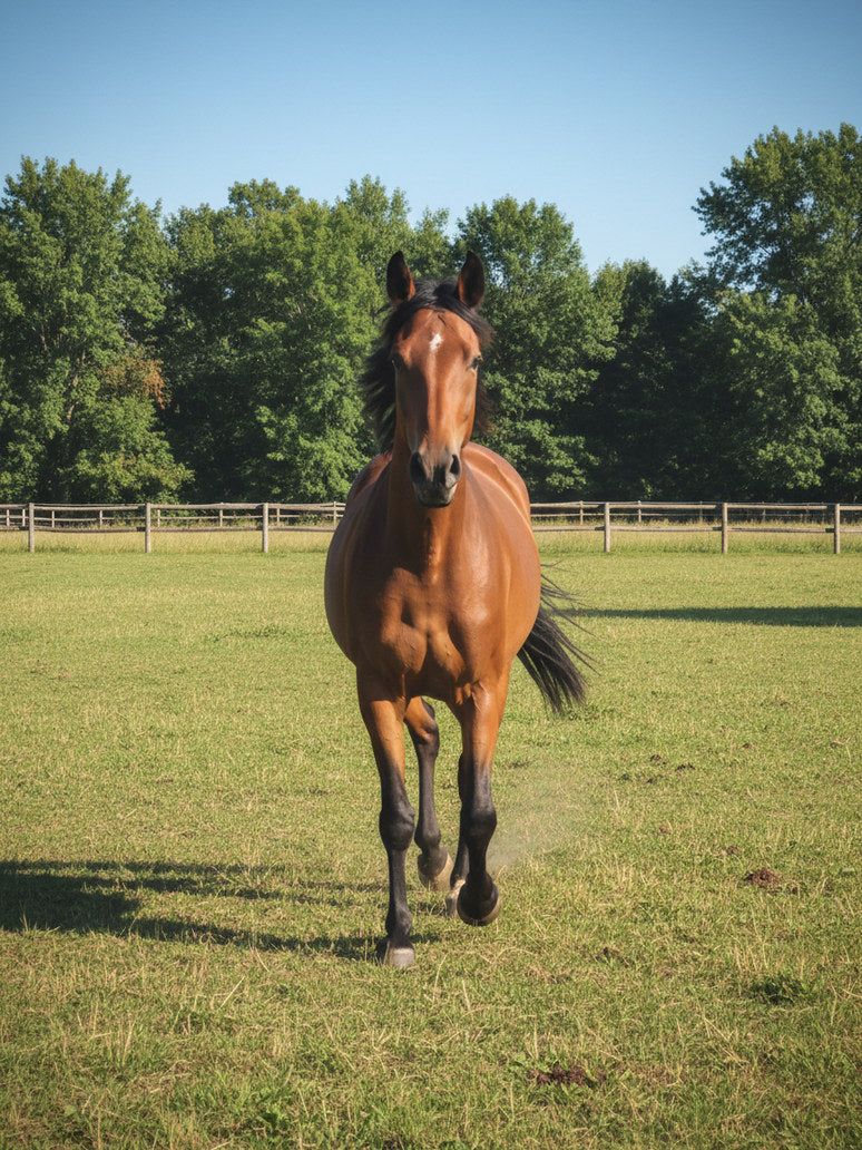 A bay horse cantering freely across a summer paddock