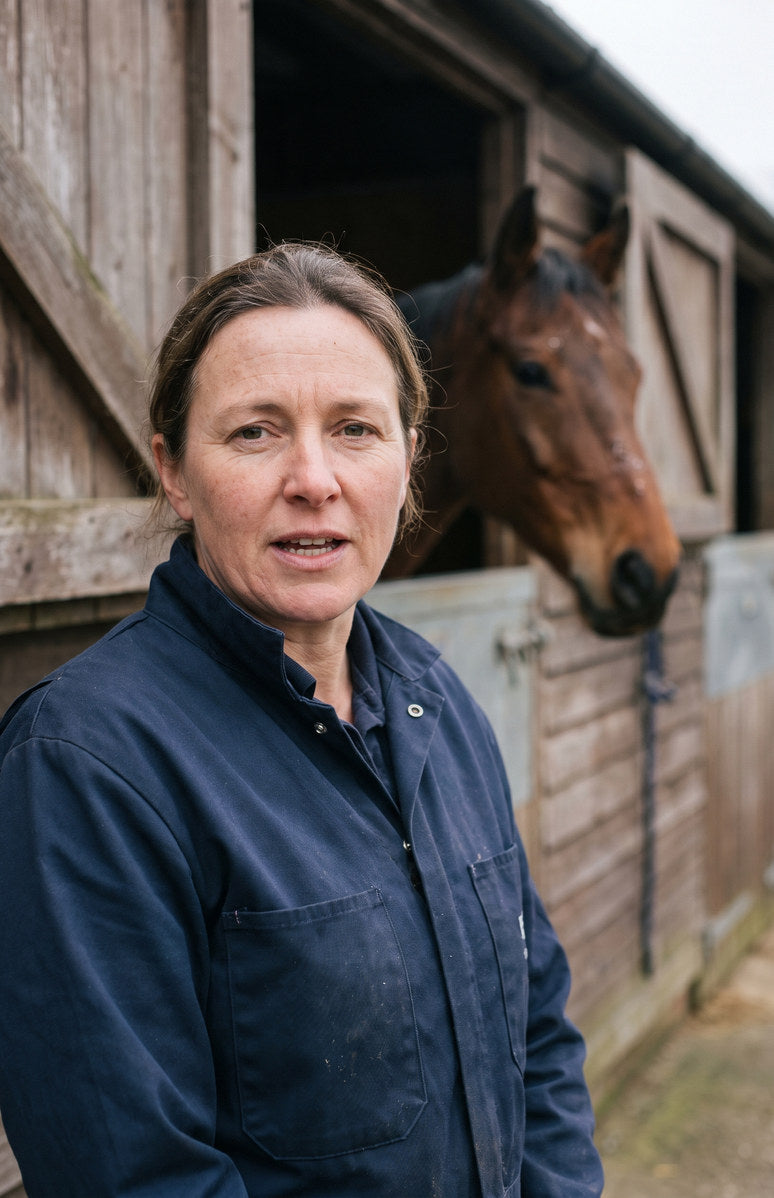 An equine veterinarian talking to camera in a stable yard
