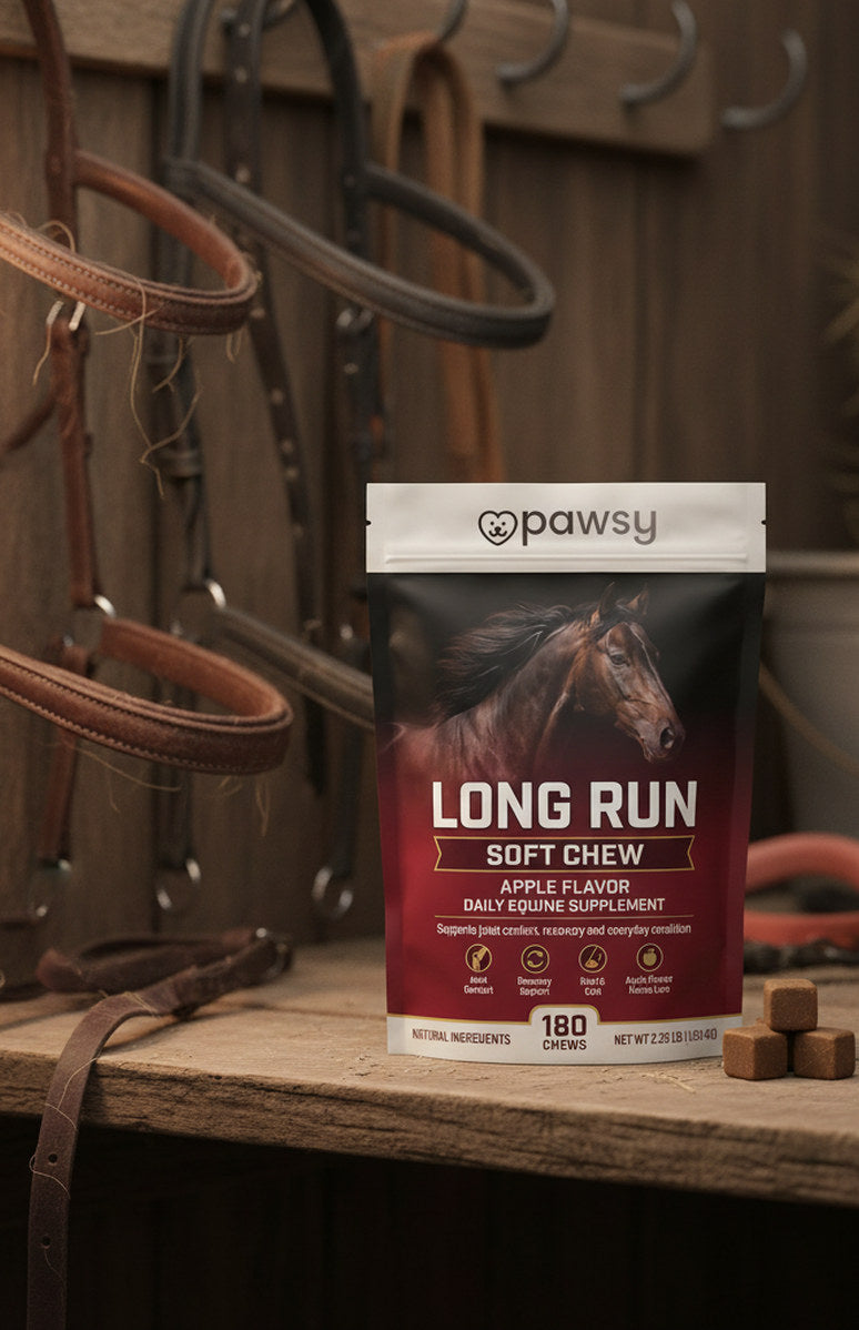 A tack room with bridles, saddles and the Long Run pouch