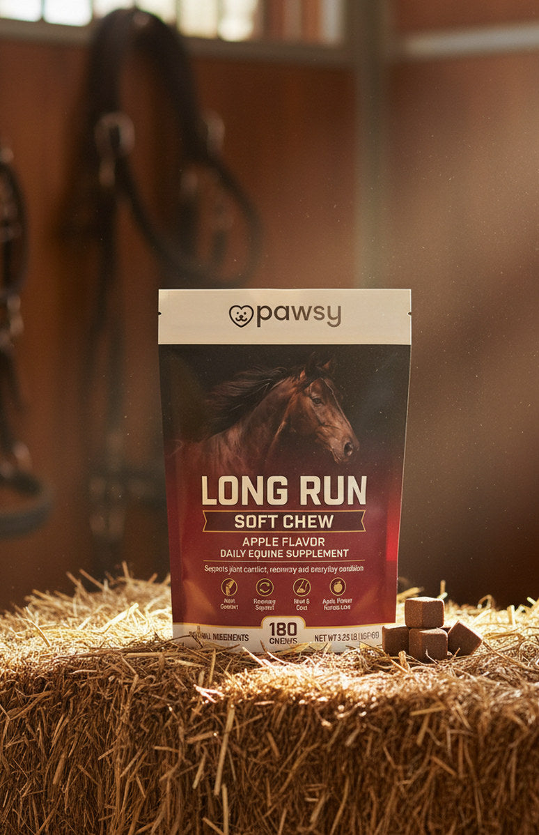 Long Run chews on a hay bale in a tack room