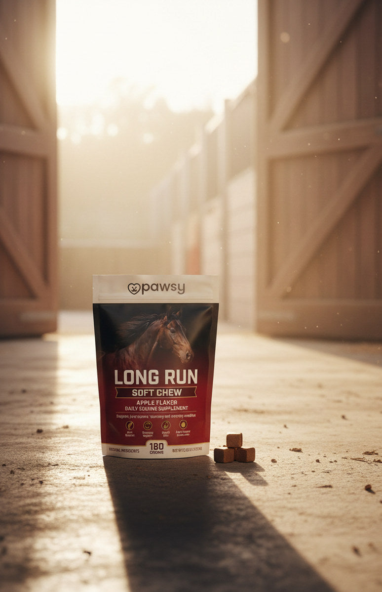 A sunlit stable doorway with the Long Run pouch on the floor