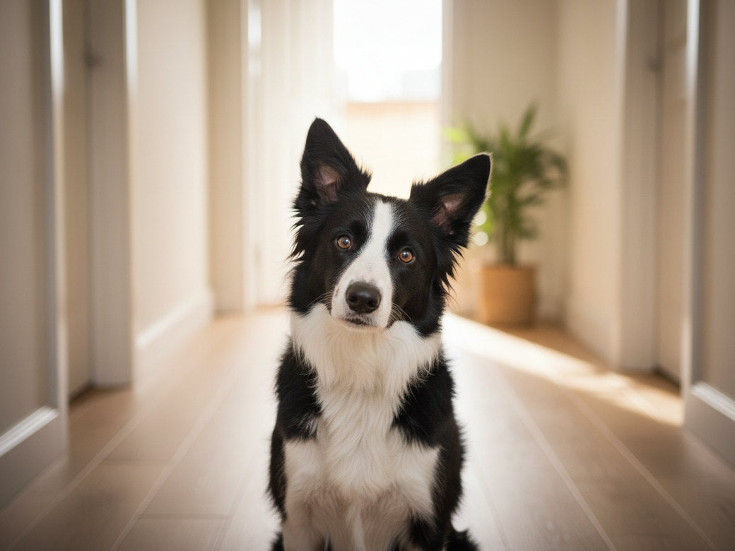 An alert collie watching from a bright hallway