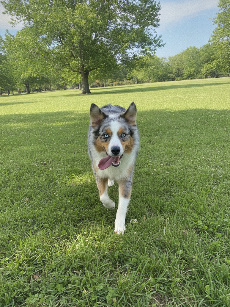 A dog running across a park lawn at full speed