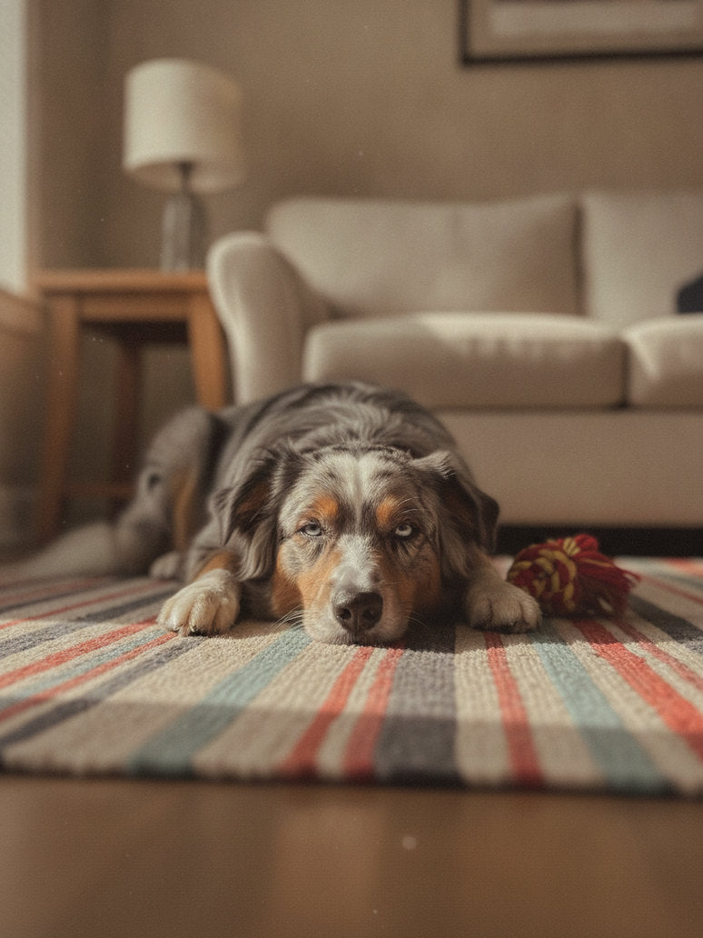 The same dog lying flat on a rug indoors, uninterested