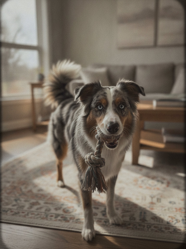 The same dog standing alert in the living room, ready to play