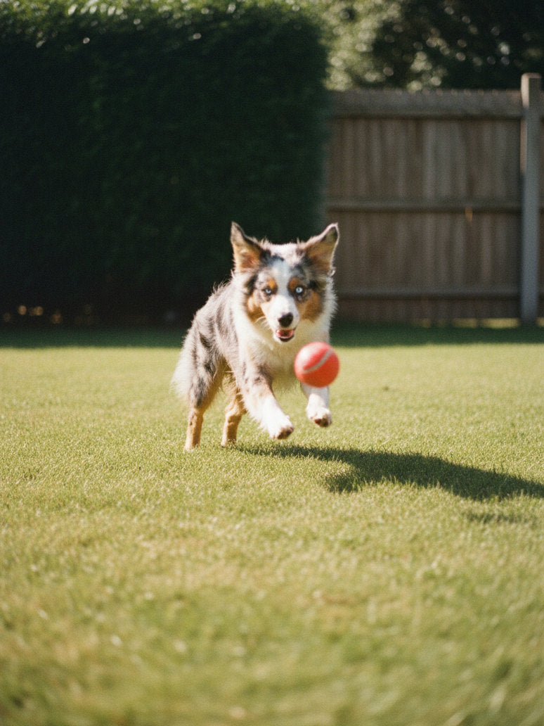 The same dog leaping mid-air across a sunlit garden